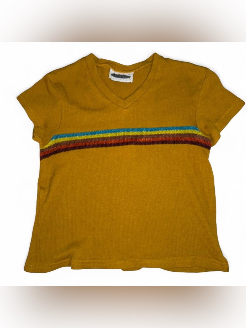 Mustard yellow vintage knit v neck short sleeve with rainbow stripe